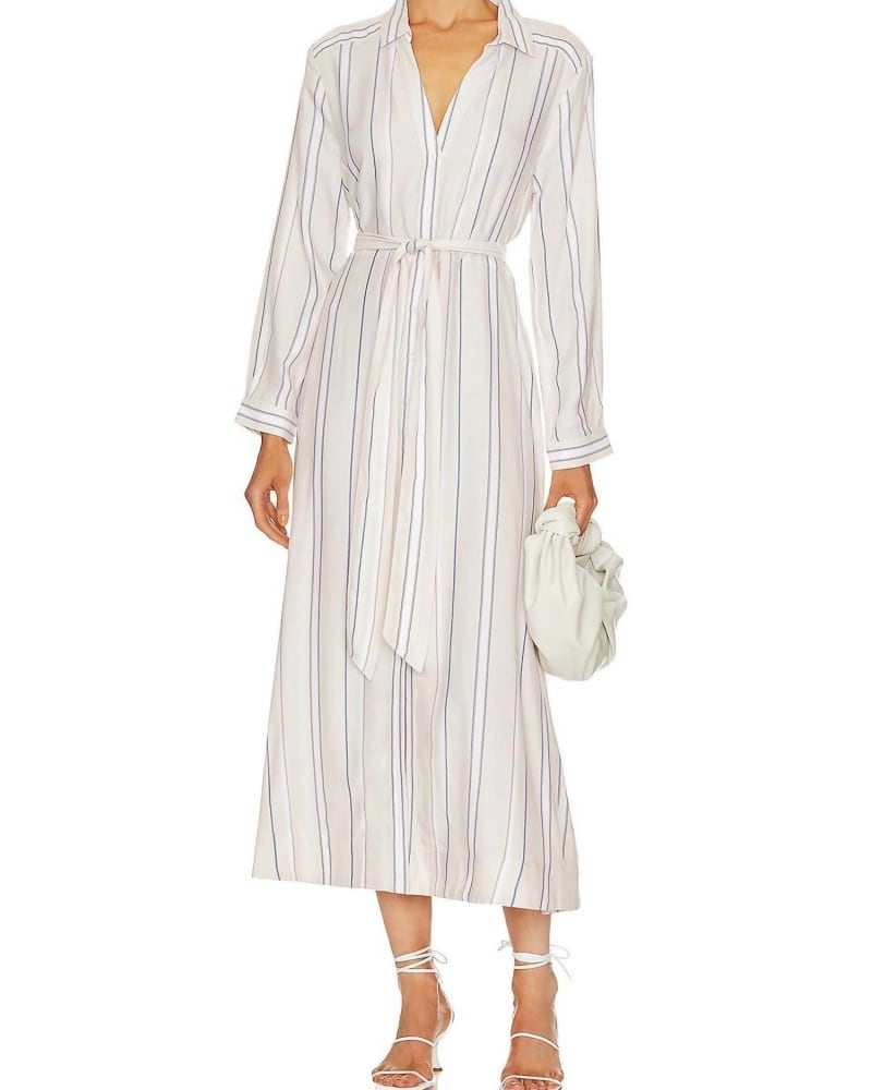 Front of a model wearing a size LARGE Dree Striped Dress In Lecco Stripe in Lecco Stripe by Brochu Walker. | dia_product_style_image_id:346586
